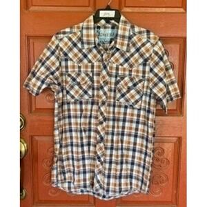 Southern Thread Western Shirt Short Sleeve Mens Plaid Brown Navy Size M